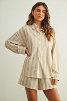 Oatmeal Stripe Collared Long Sleeve Top