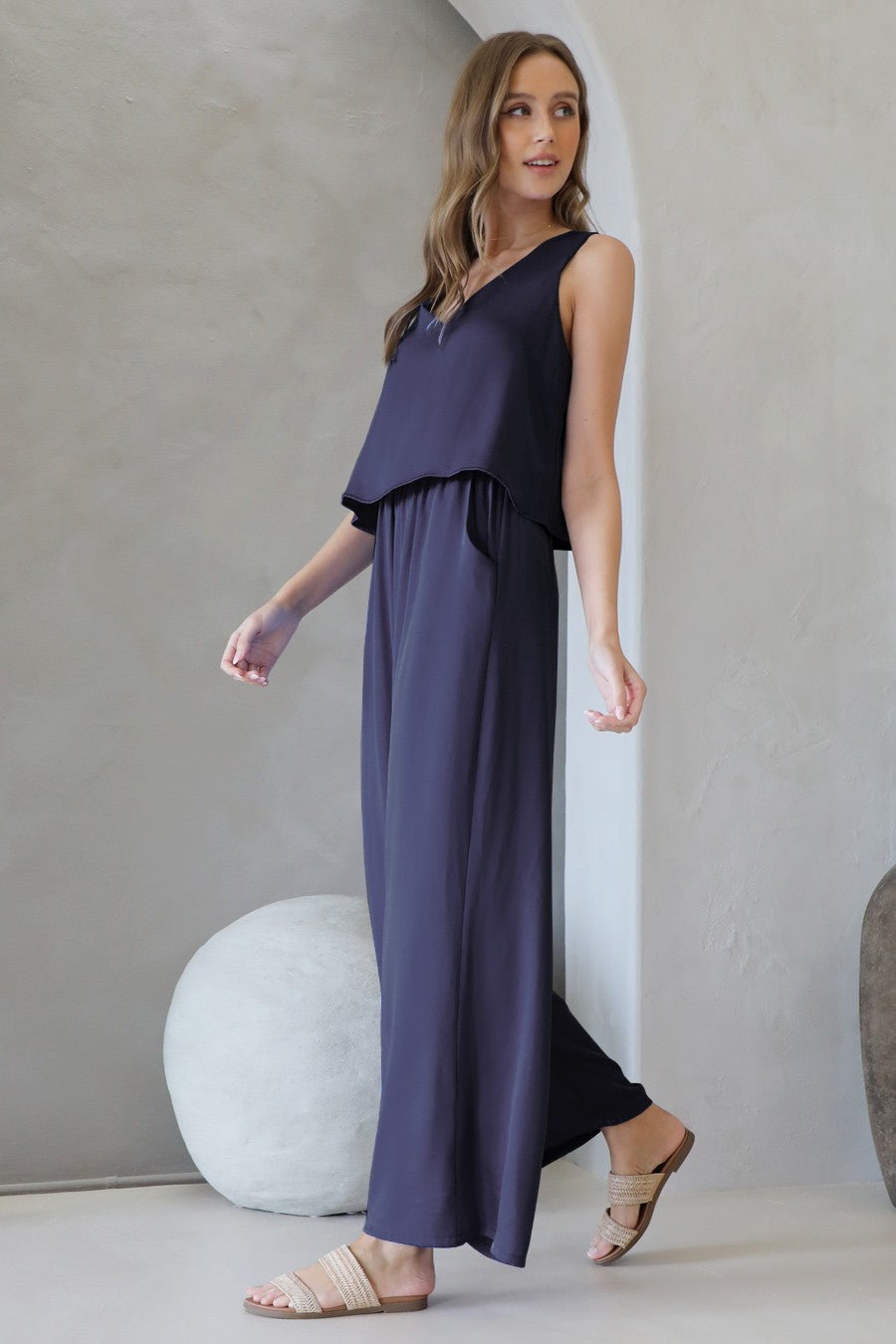 Navy Sleeveless V-Neck Wide Leg Jumpsuit