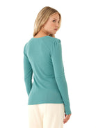 Long Puff Sleeve Ribbed Teal Top