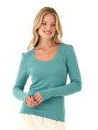 Long Puff Sleeve Ribbed Teal Top