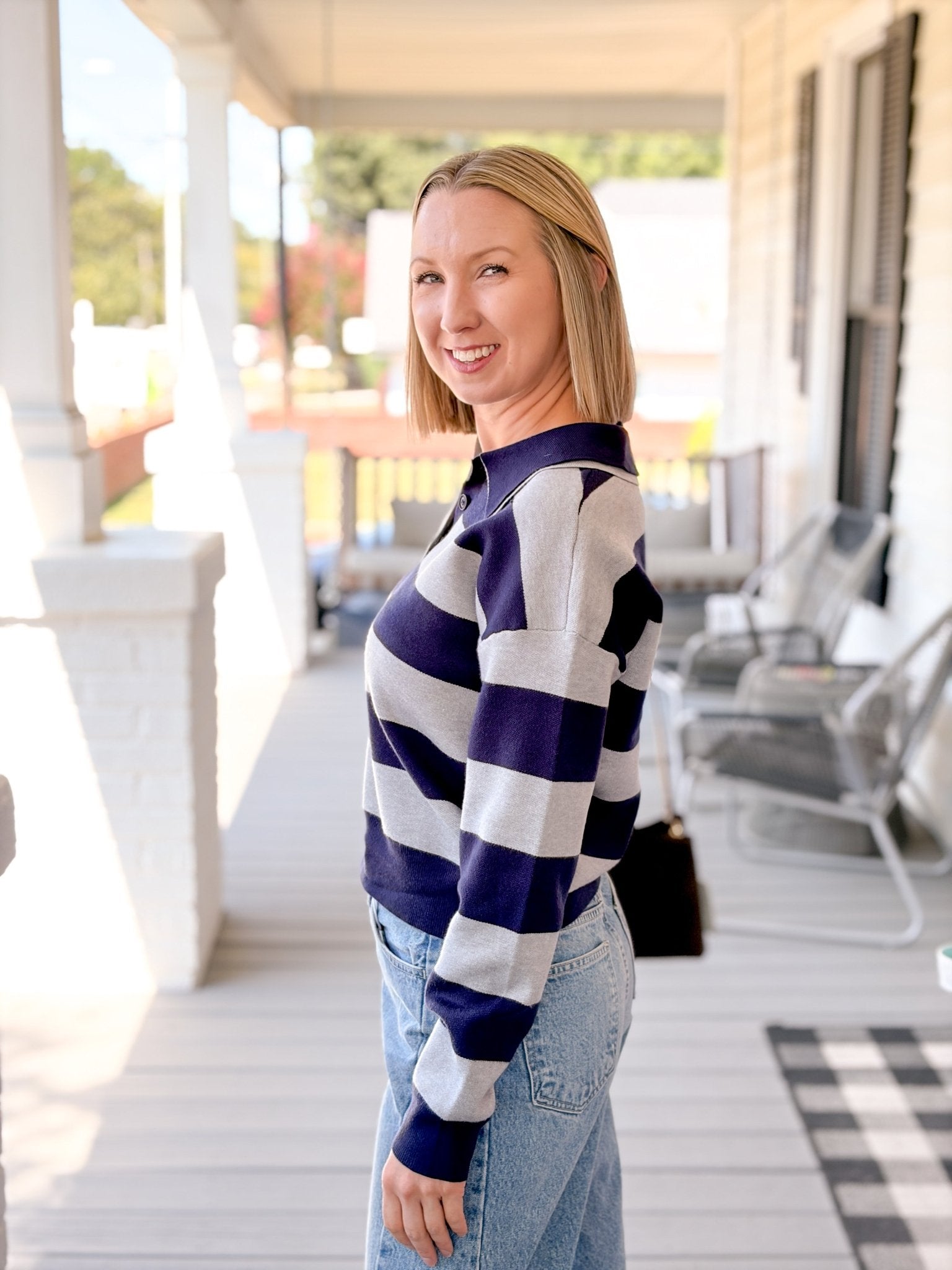 Rose & Lee Co Normandy Top, Navy/Heather Grey Stripe Long Sleeve