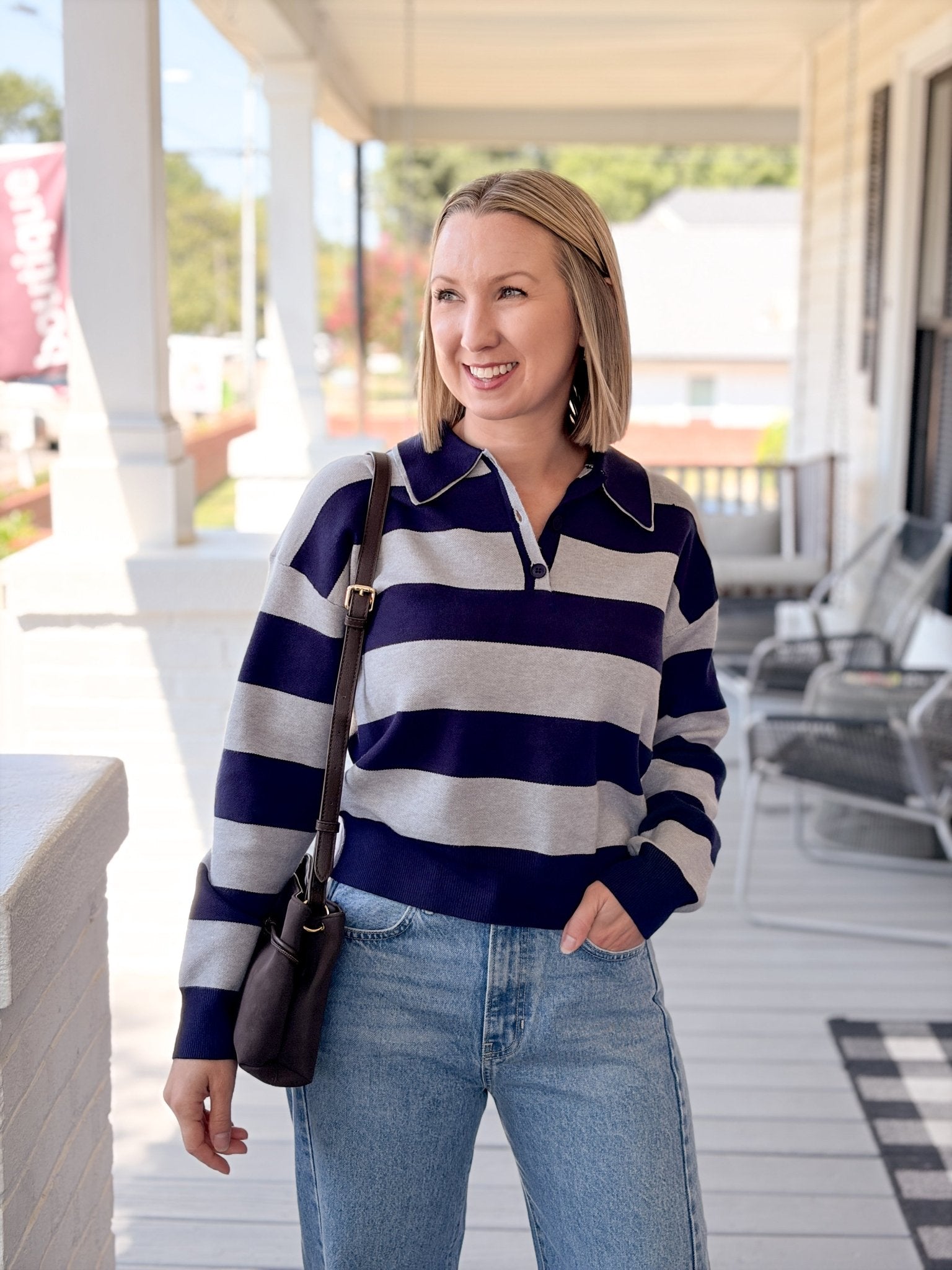 Rose & Lee Co Normandy Top, Navy/Heather Grey Stripe Long Sleeve