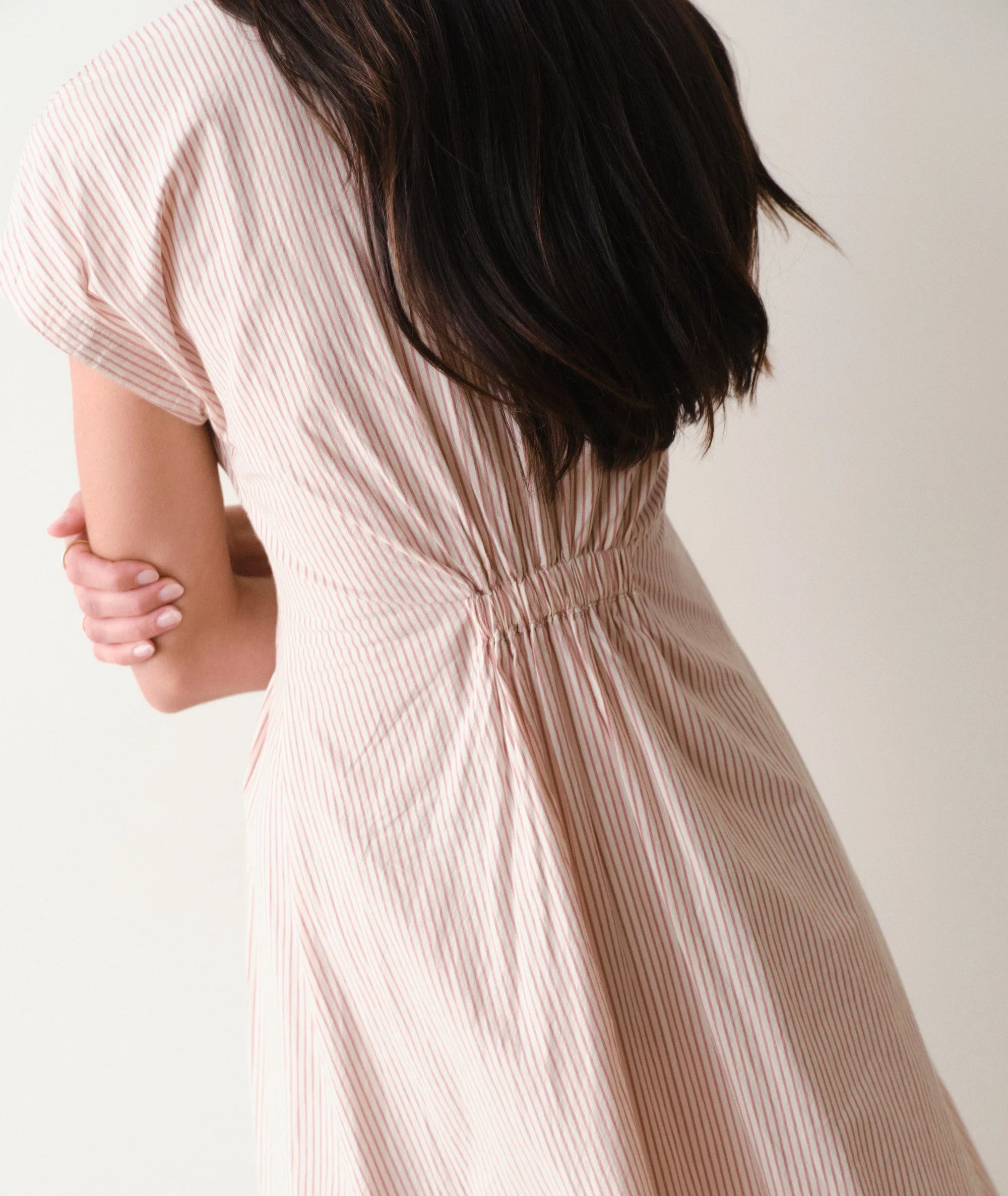 rust and white stripe dress, cinched waist