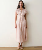 rust and white stripe dress, cinched waist