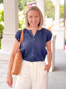 navy blue, button up, short sleeve work wear top