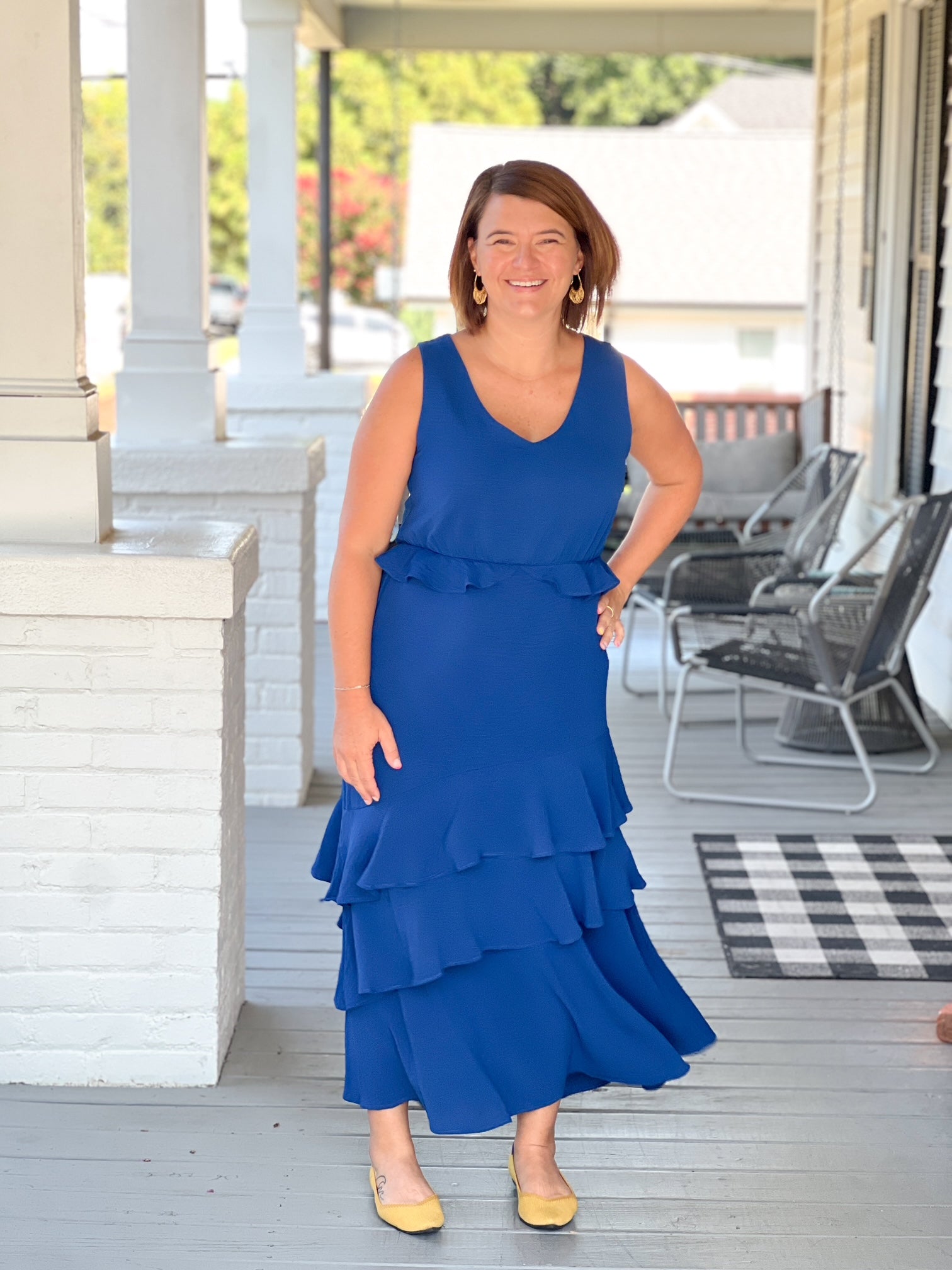 sleeveless ruffled waist event dress blue tiered bottom maxi length