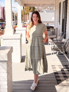 short sleeve olive midi length dress with white stripes