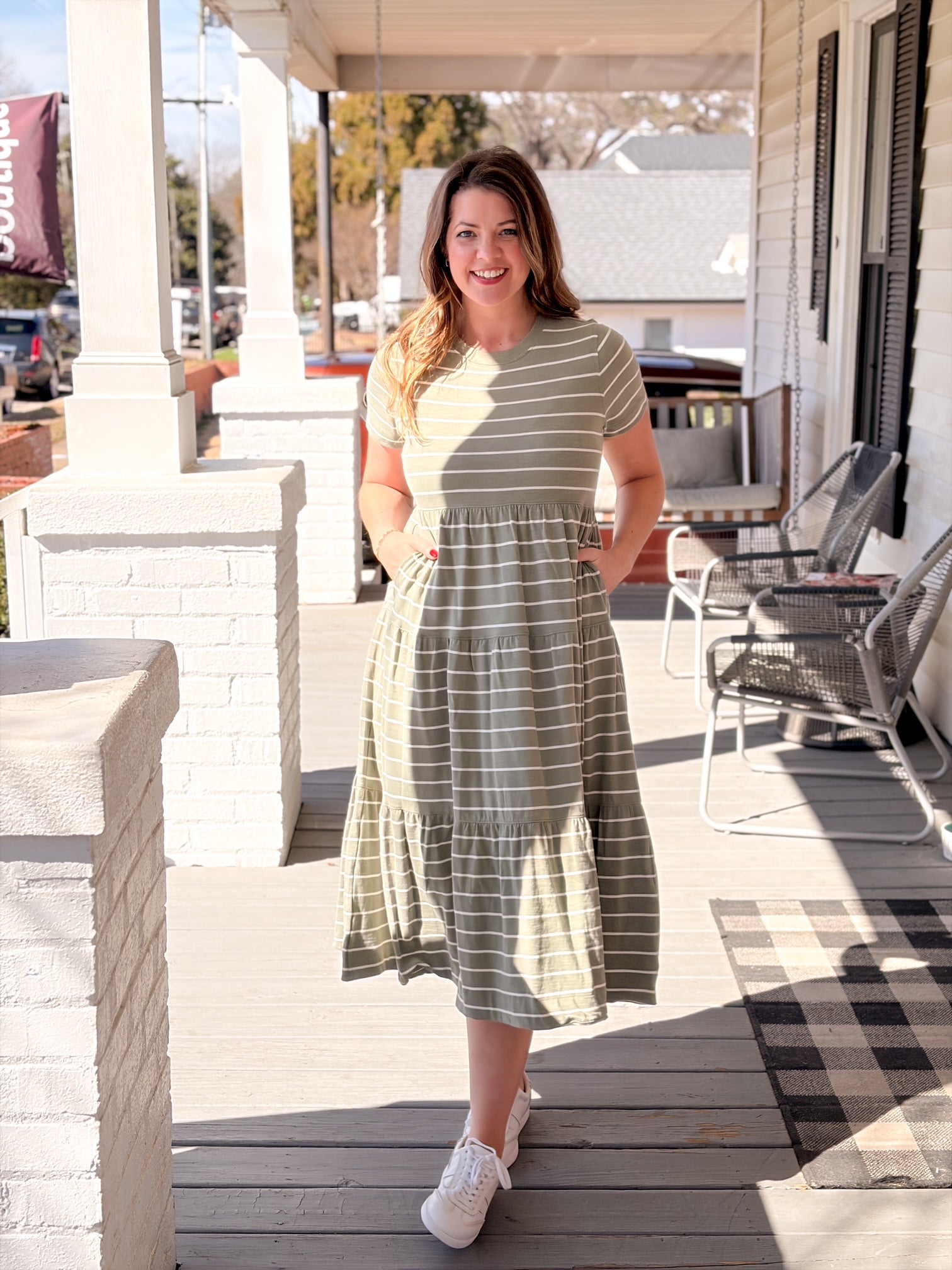 short sleeve olive midi length dress with white stripes