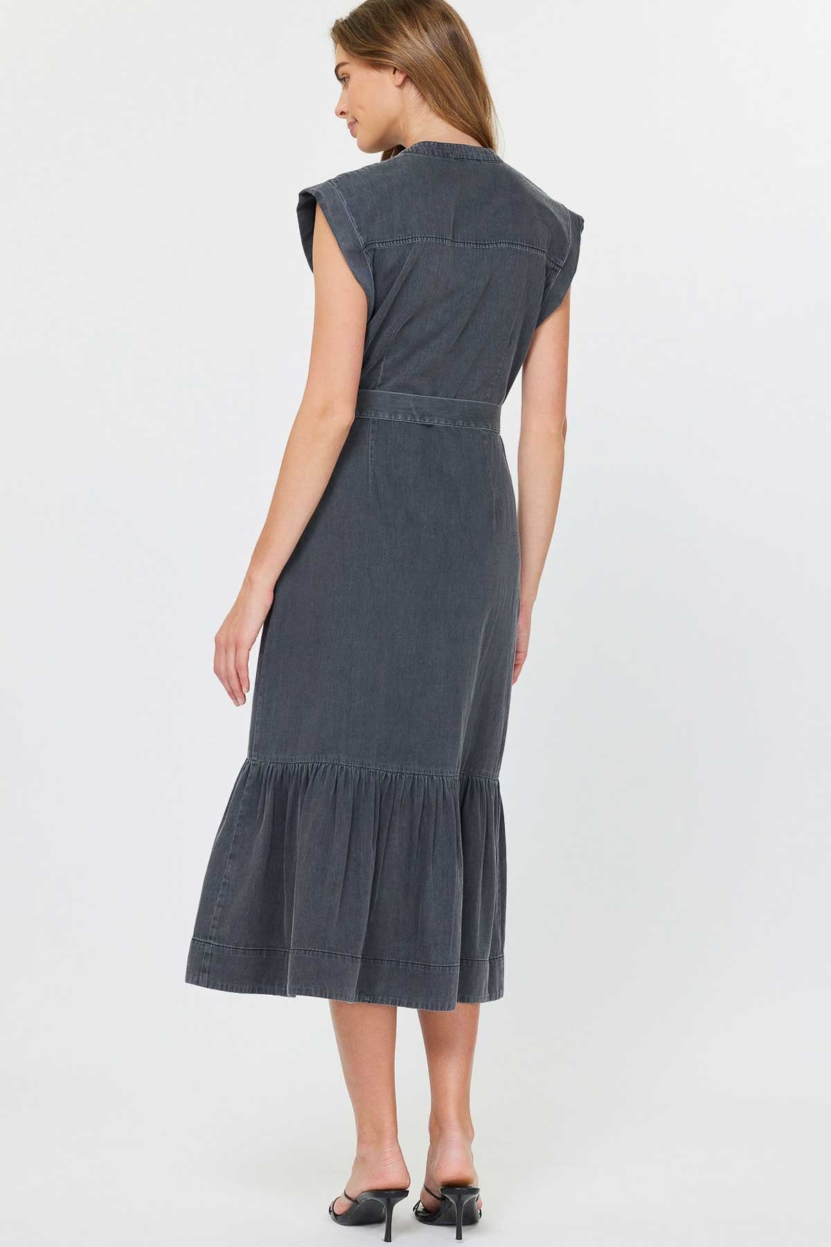 Washed Black Button Up Midi Dress