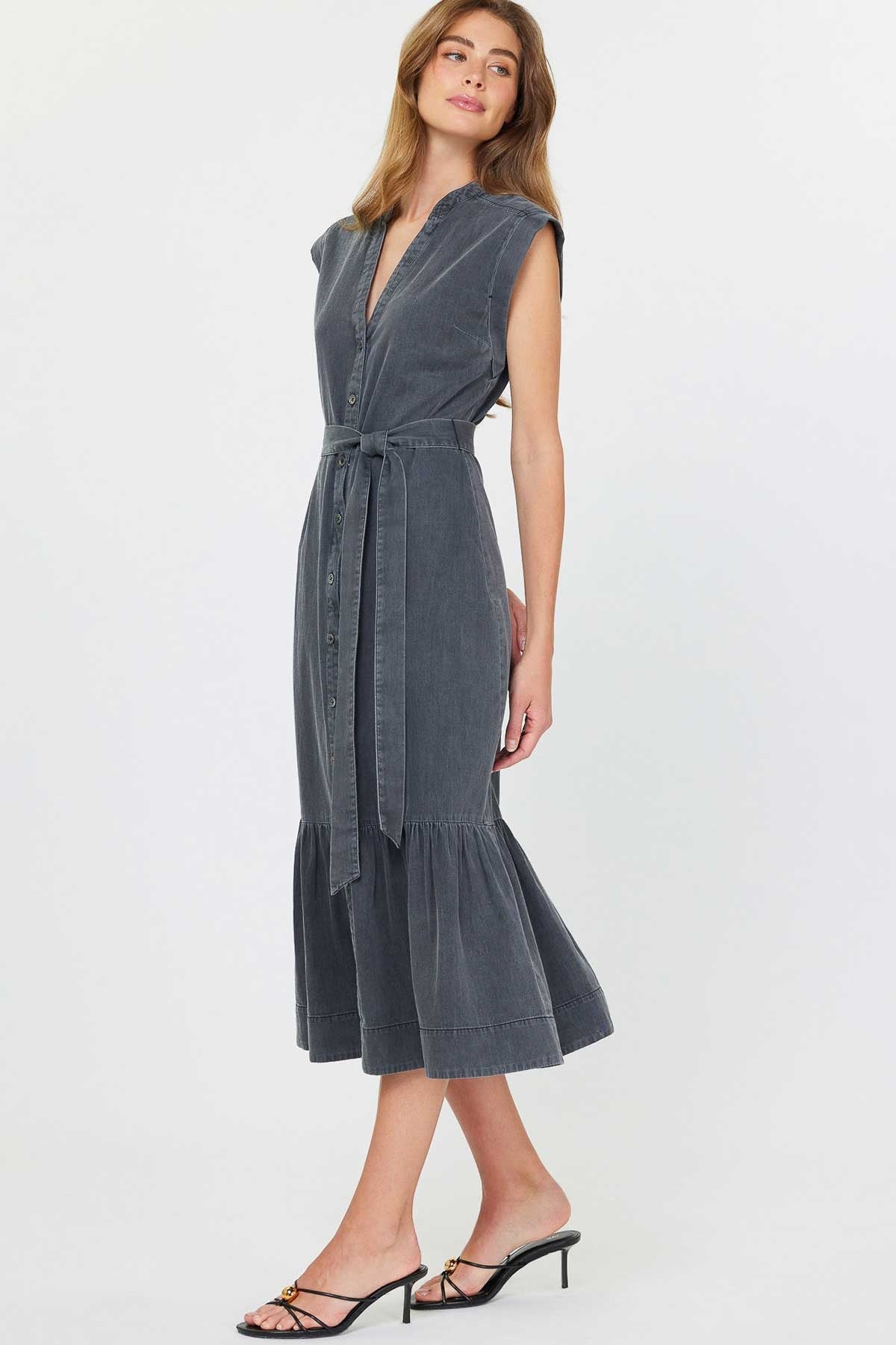 Washed Black Button Up Midi Dress