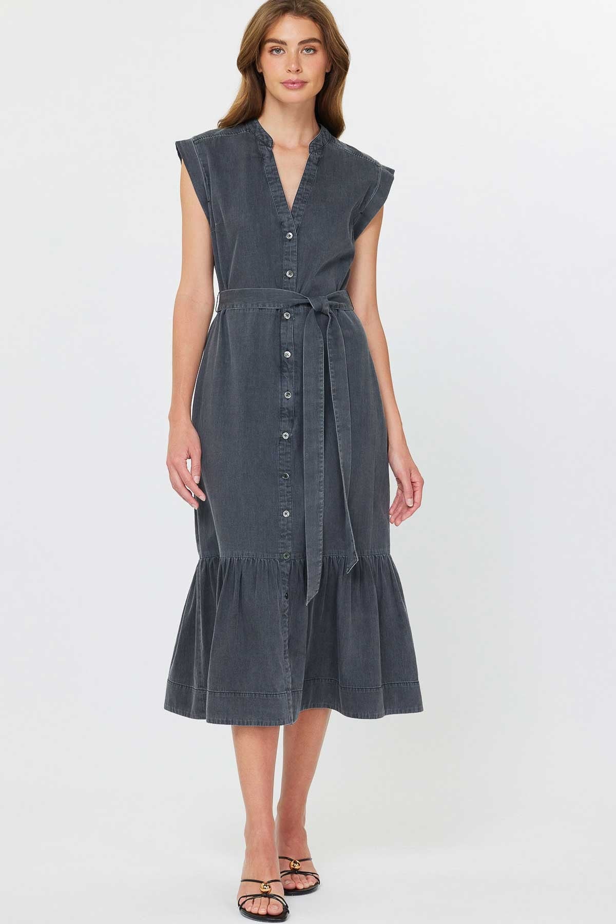 Washed Black Button Up Midi Dress