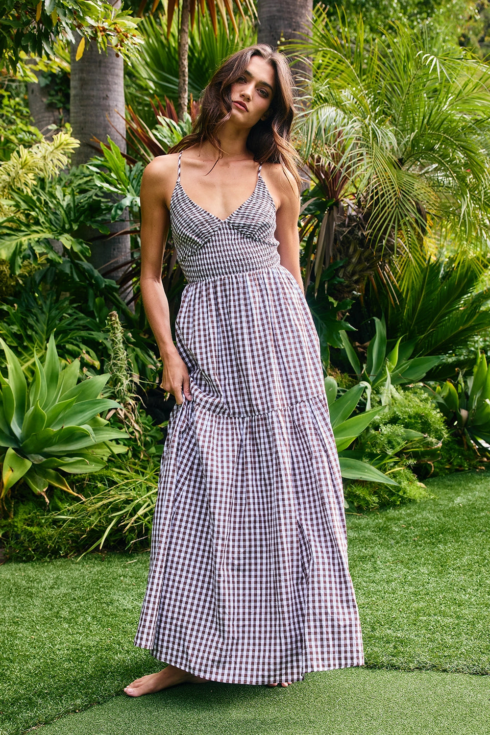 Brown Gingham Printed Maxi Dress