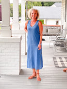 denim blue dress midi length with side slits and v neckline