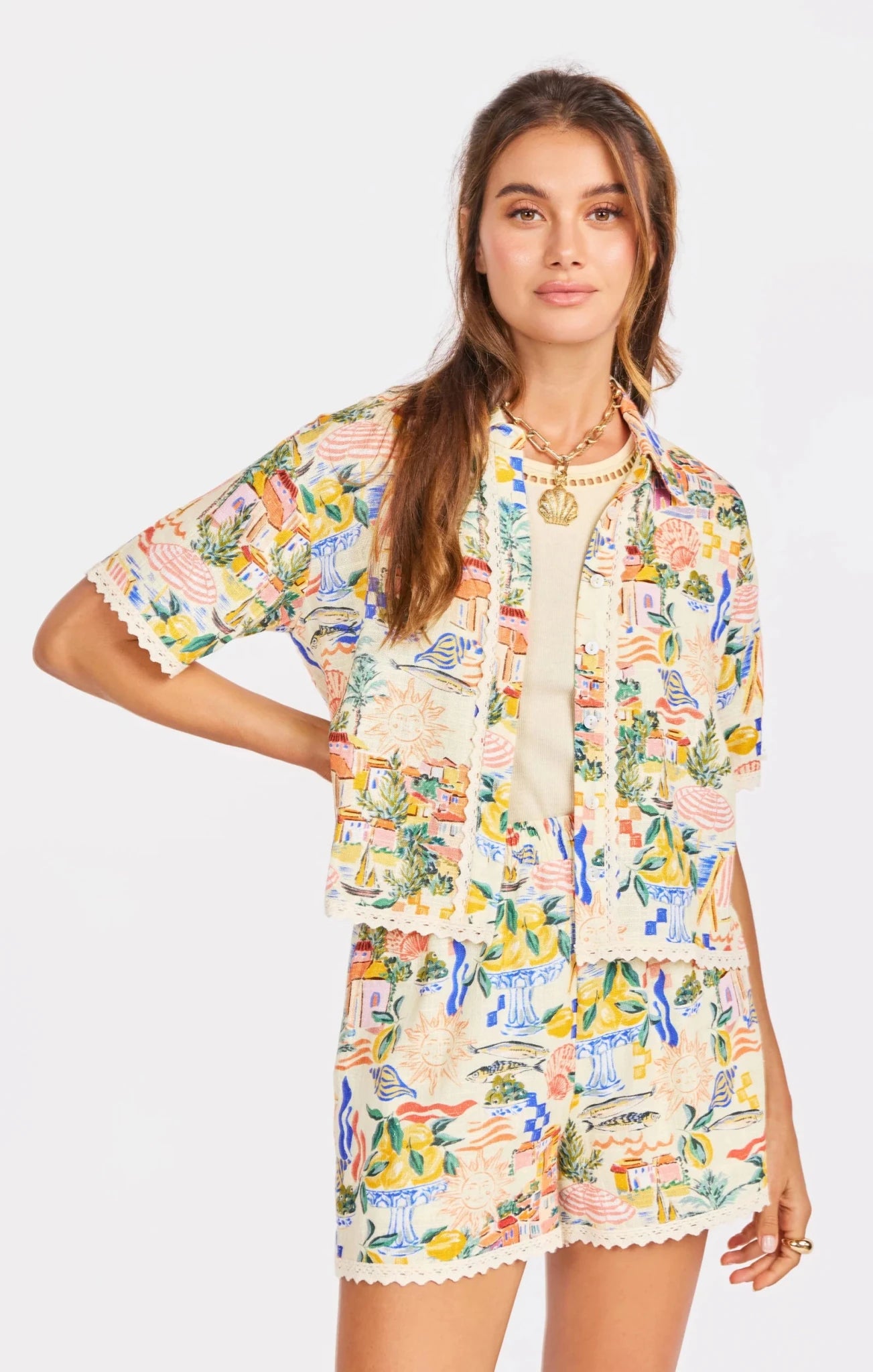 Rose & Lee Co Paradise Top, Coral/Rose Multi short sleeve