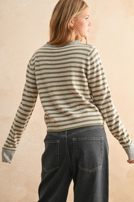 Green Striped Button Front Cardigan