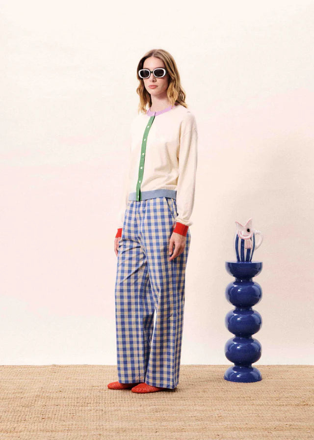 Ivory Cardigan with Purple, Red, and Green Color Block Details