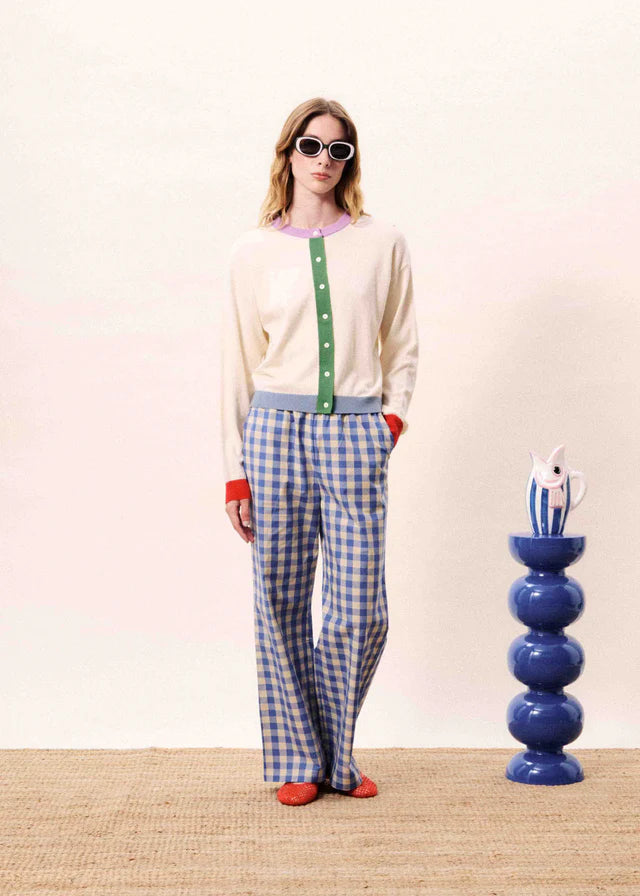 Ivory Cardigan with Purple, Red, and Green Color Block Details