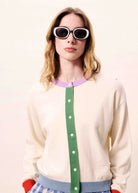 Ivory Cardigan with Purple, Red, and Green Color Block Details