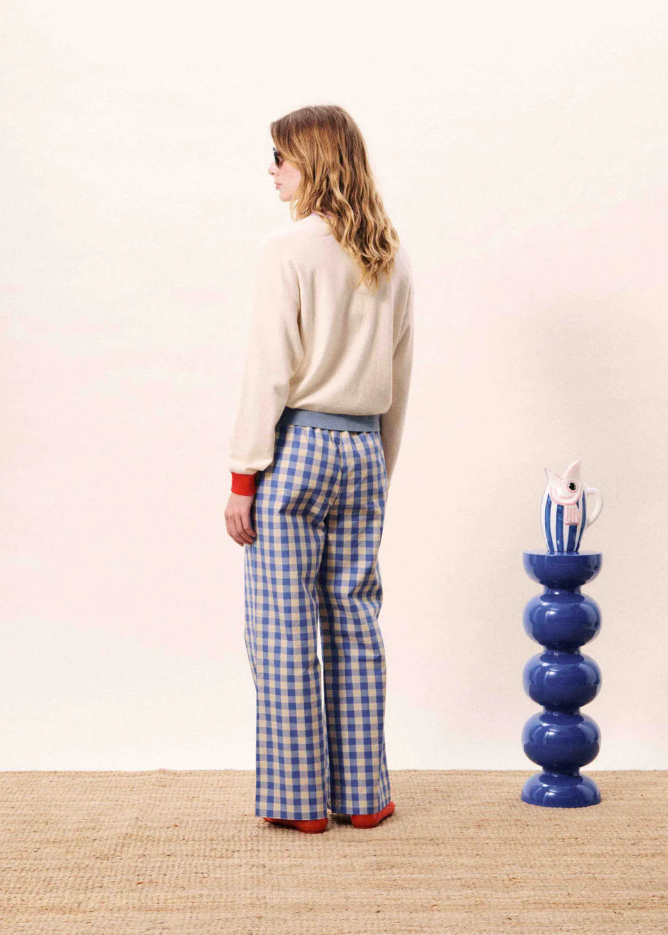 Ivory Cardigan with Purple, Red, and Green Color Block Details