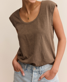 Brown Short Sleeve Scoop Neck Top