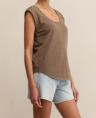 Brown Short Sleeve Scoop Neck Top