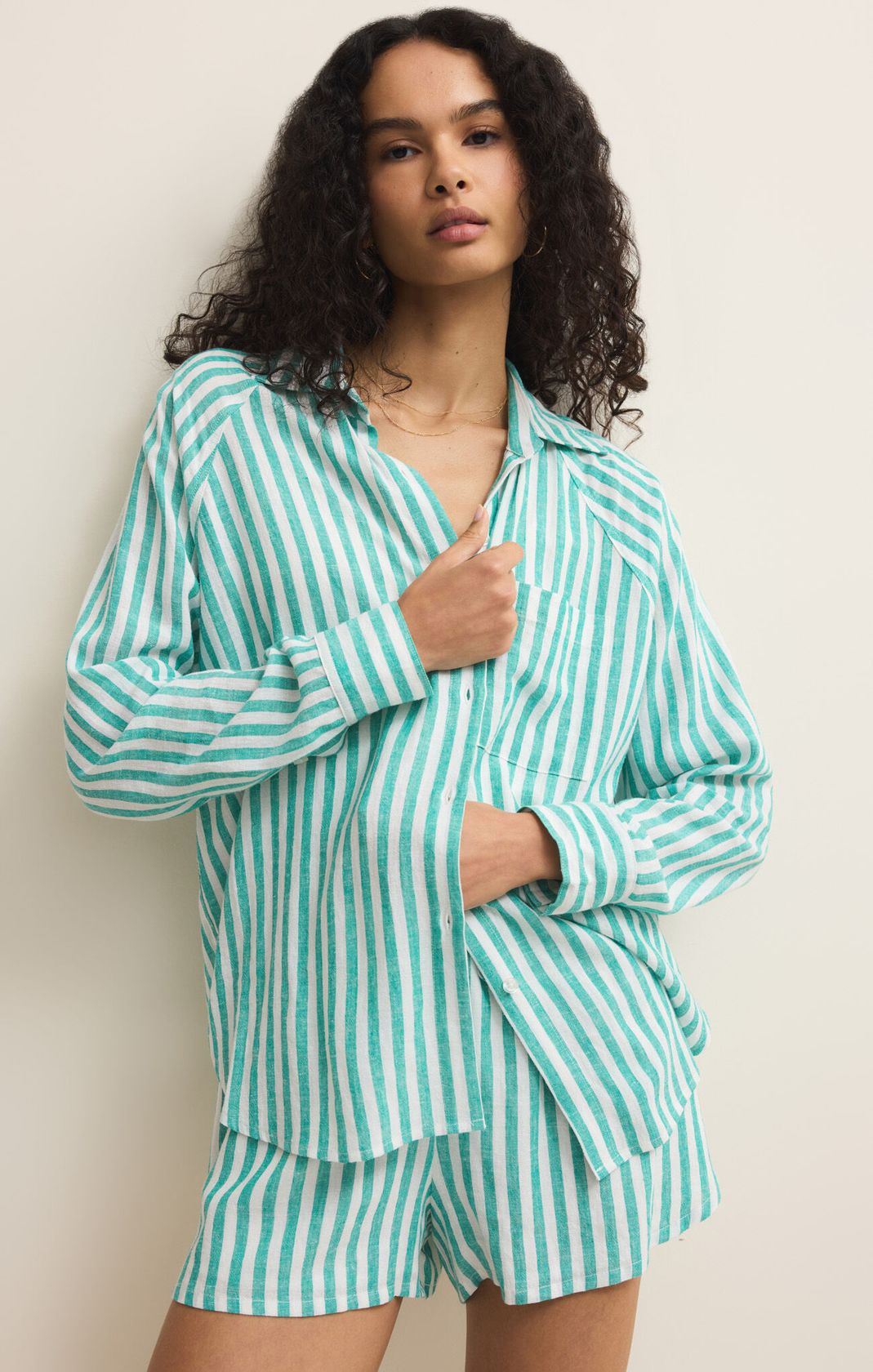 Green Striped Long Sleeve Button Up