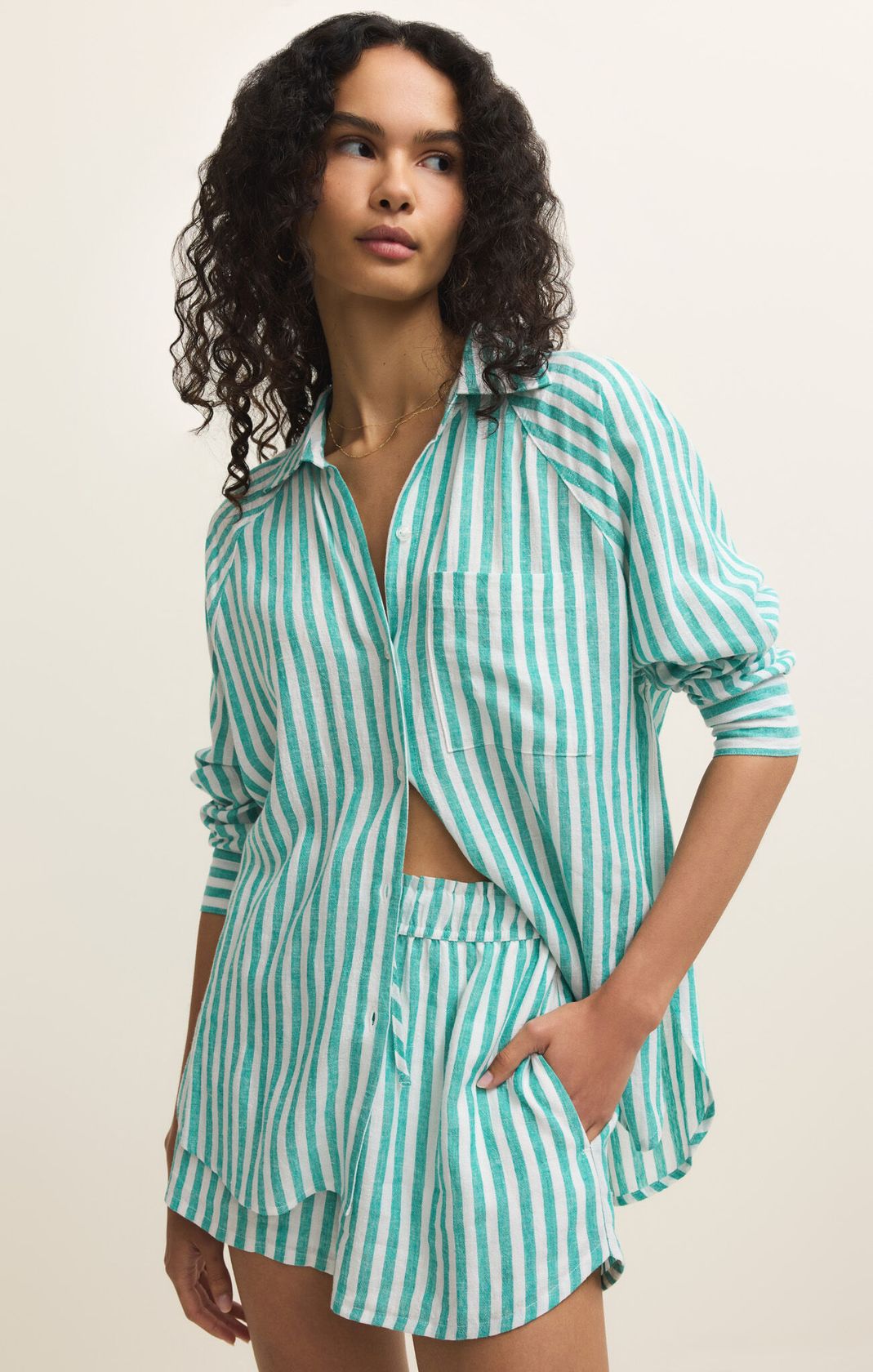 Green Striped Long Sleeve Button Up
