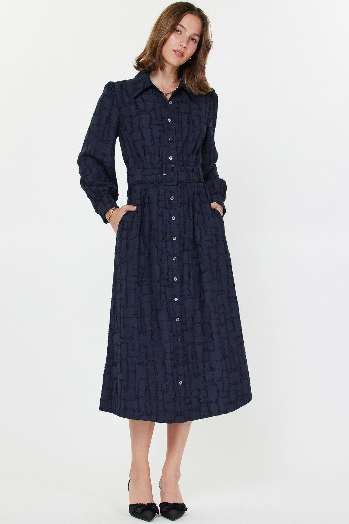 Navy Windowpane Midi Dress