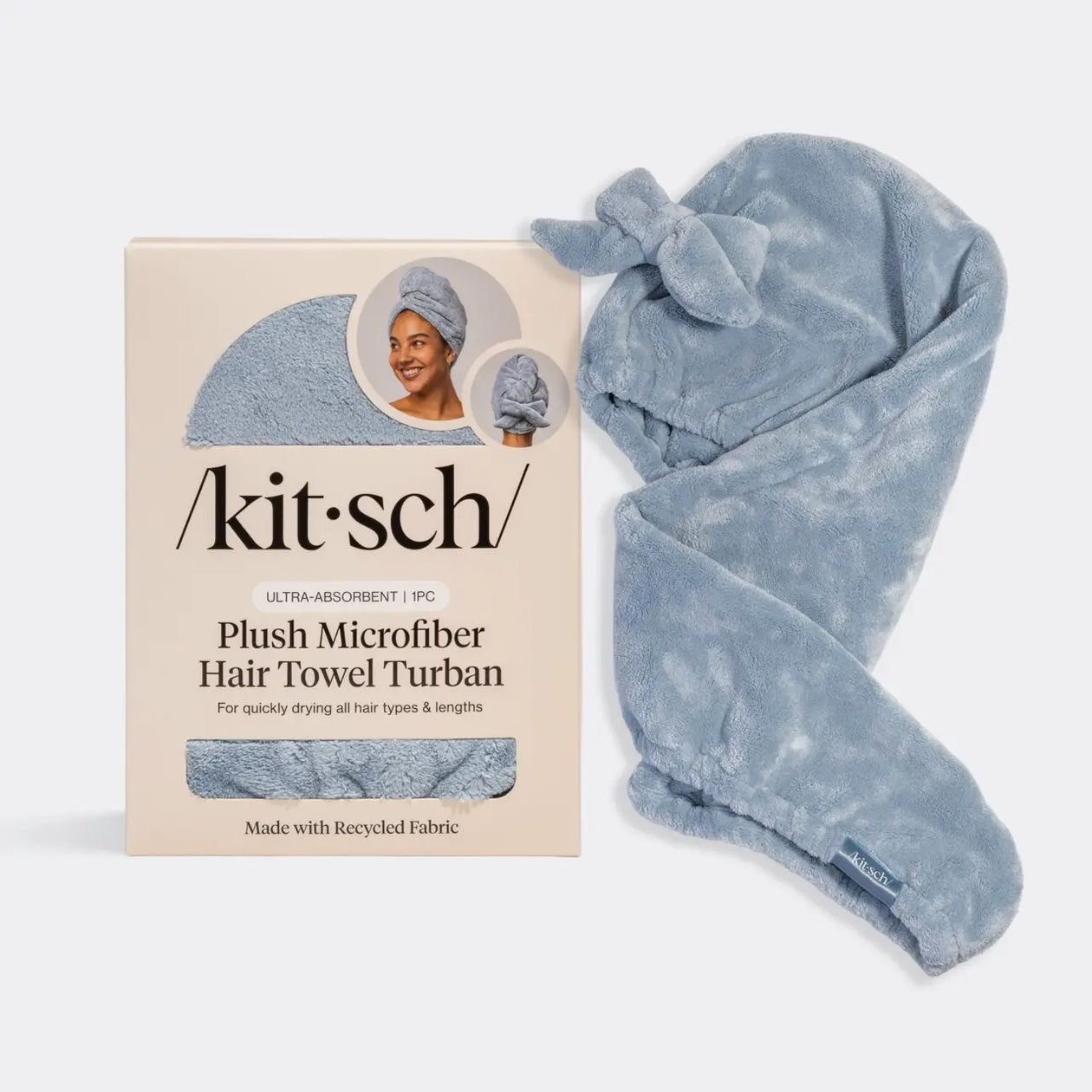 Rose & Lee Co Plush Microfiber Hair Towel Turban With Bow, Coastal Blue Hair