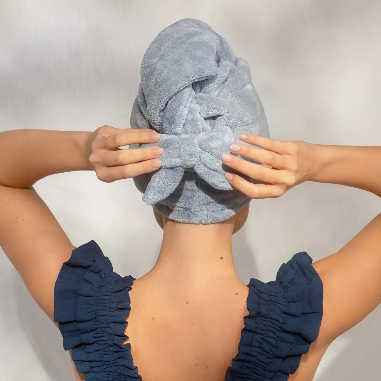 Rose & Lee Co Plush Microfiber Hair Towel Turban With Bow, Coastal Blue Hair