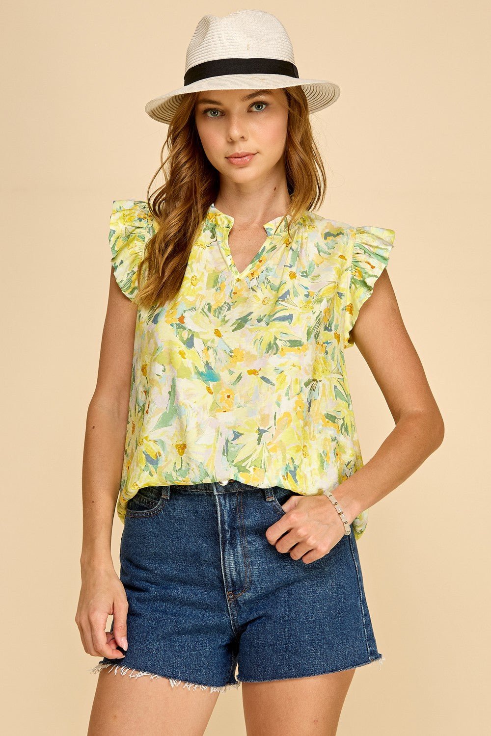 Rose & Lee Co Priscilla Top, Yellow Floral Work Tops