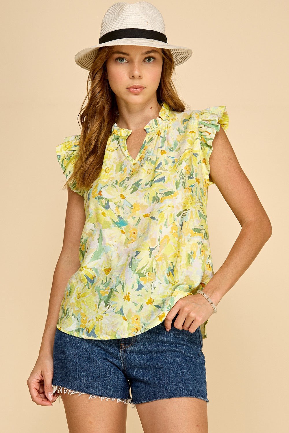 Rose & Lee Co Priscilla Top, Yellow Floral Work Tops