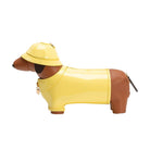 dog wearing a yellow rain coat & hat crossbody bag 