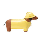 dog wearing a yellow raincoat & hat crossbody bag 