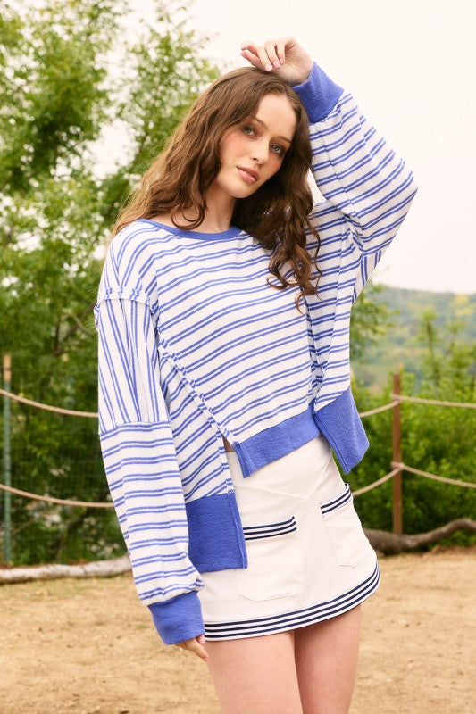 Blue Striped High Low Sweatshirt