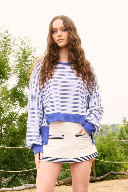 Blue Striped High Low Sweatshirt