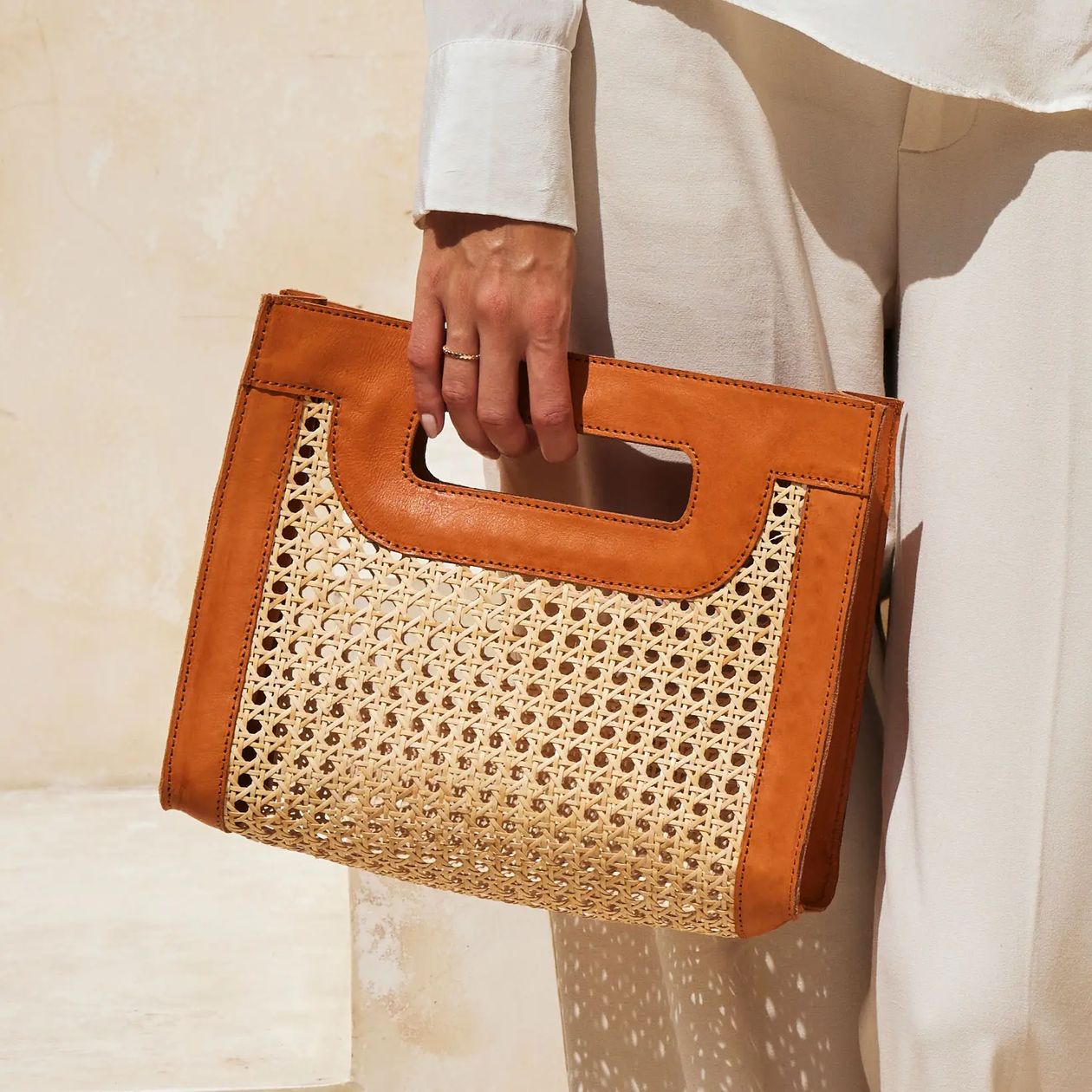 Rose & Lee Co Rattan Cane Weave Handbag, Brown Leather Bags