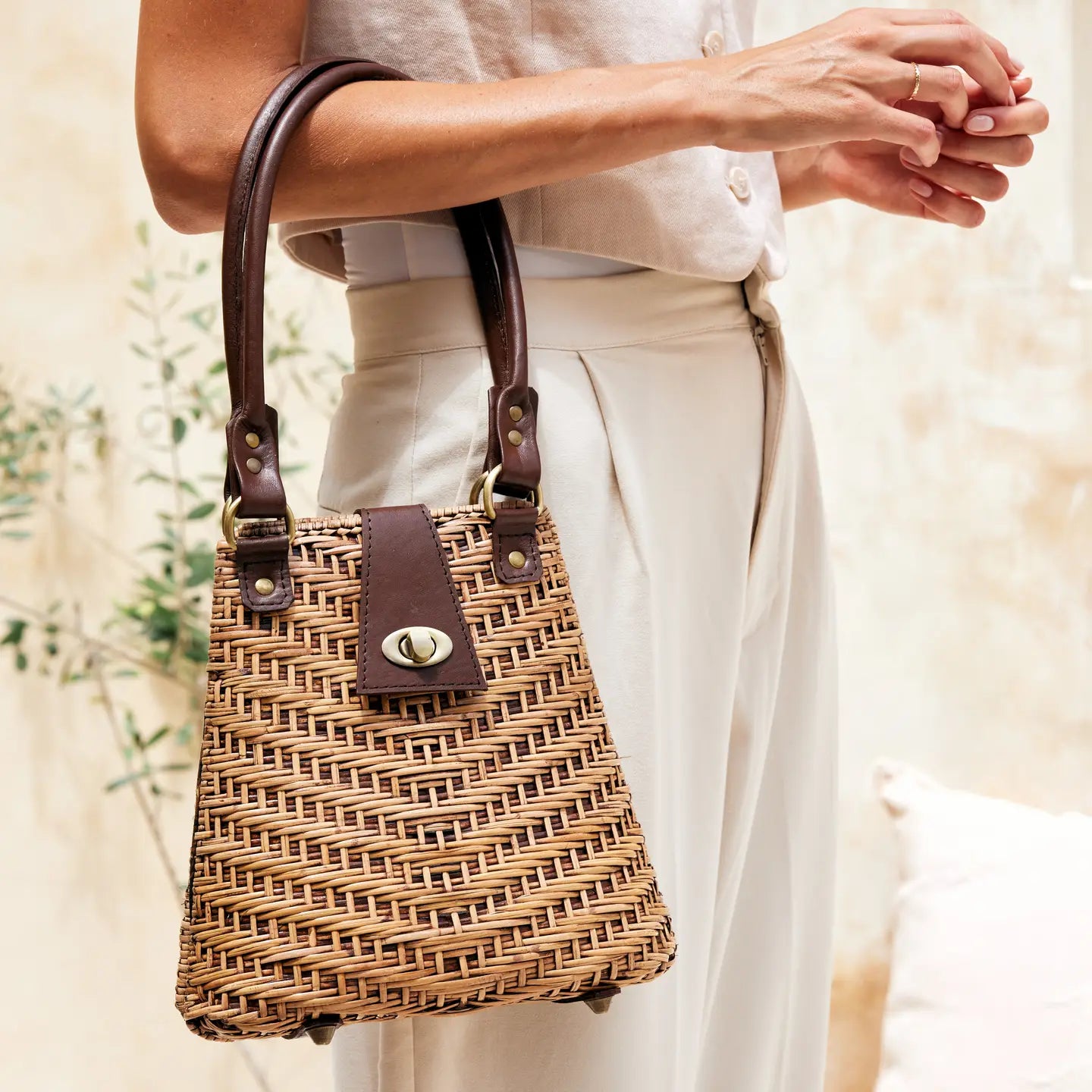 Rose & Lee Co Rattan Elbow Strap Handbag, Brown Leather Bags