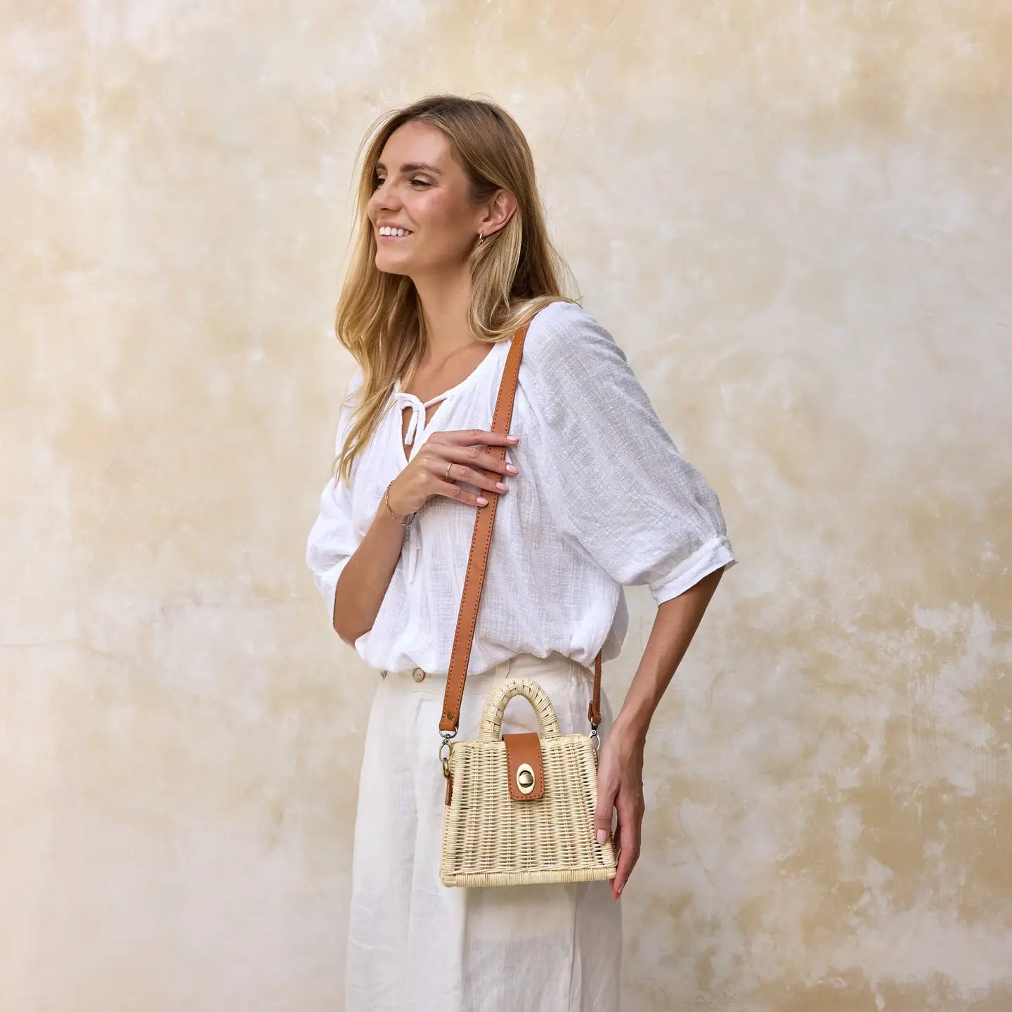 Rose & Lee Co Rattan Petite Handbag, Ivory Bags