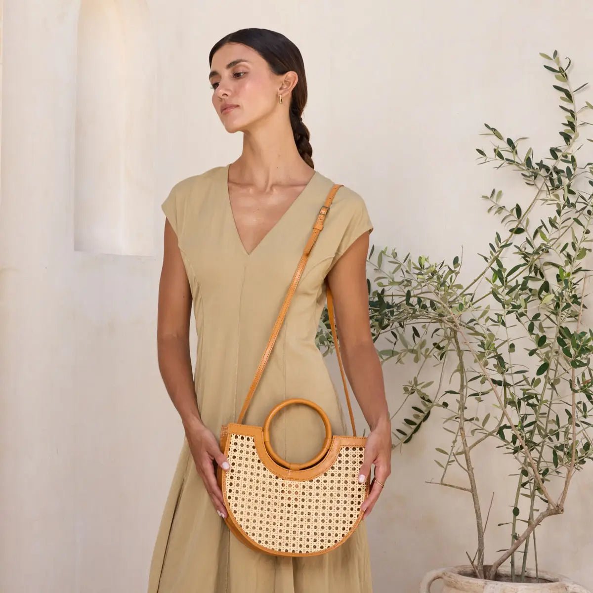 Rose & Lee Co Rattan Square Cane Weave Handbag, Brown Leather Bags