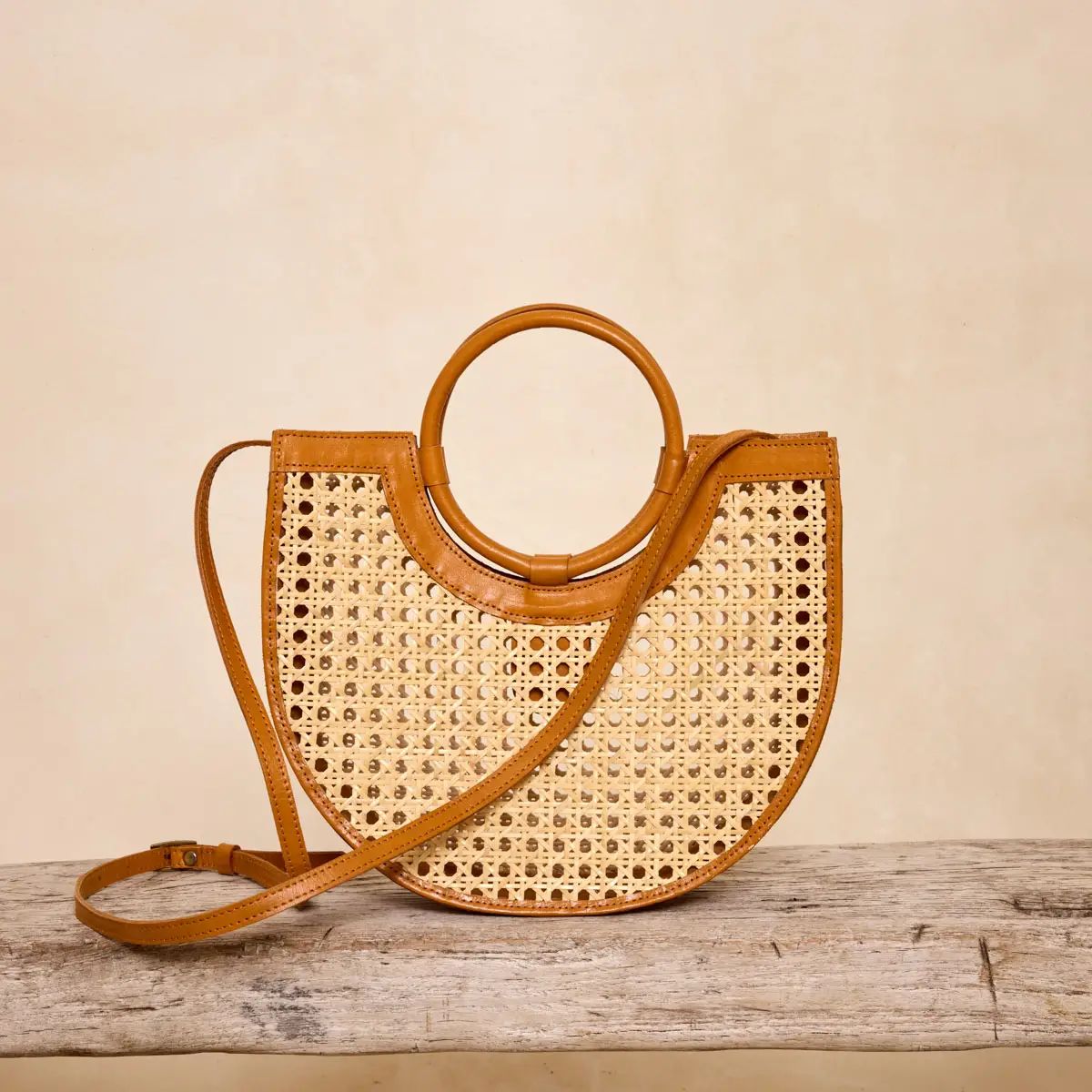 Rose & Lee Co Rattan Square Cane Weave Handbag, Brown Leather Bags