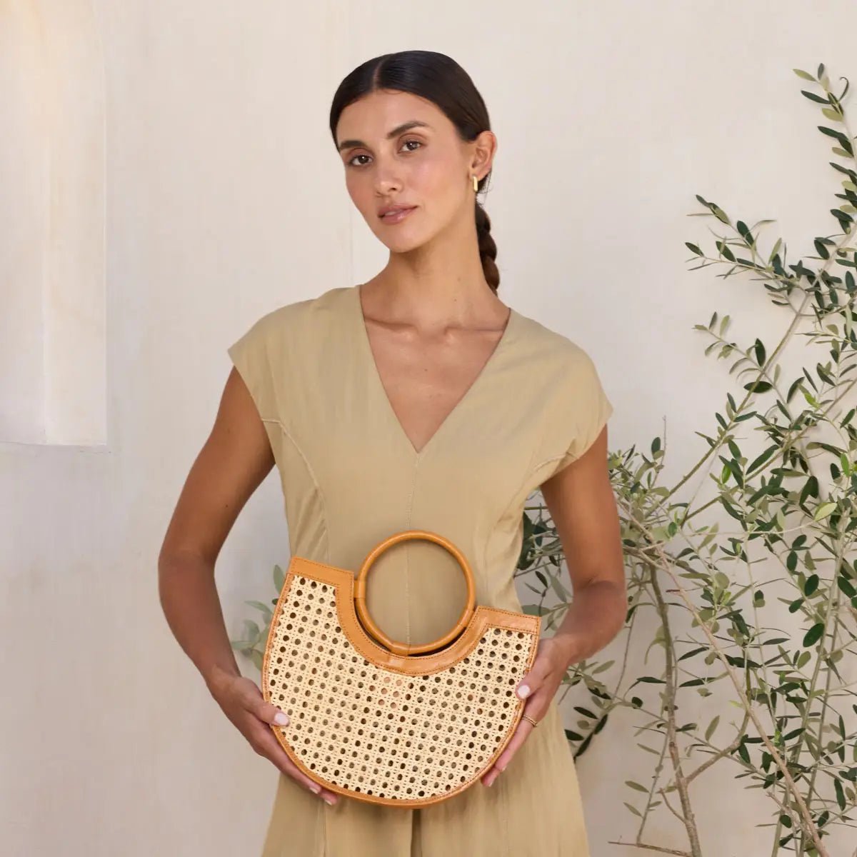 Rose & Lee Co Rattan Square Cane Weave Handbag, Brown Leather Bags