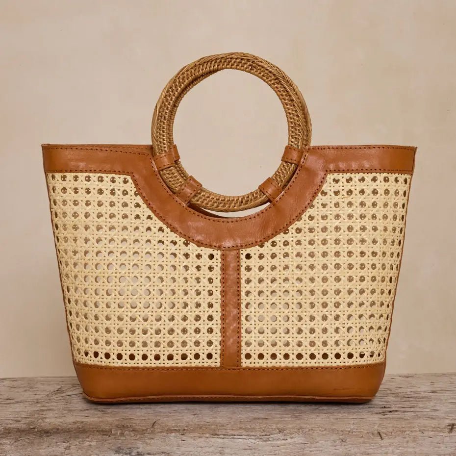 Rose & Lee Co Rattan Cane Weave Tote, Brown Leather Bags