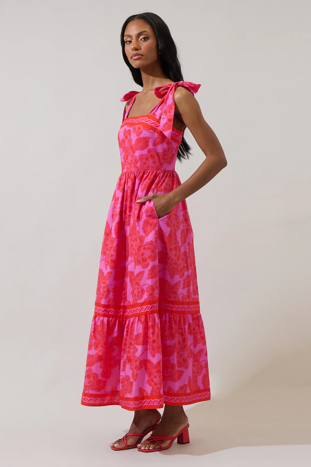 Red/Pink Floral Tiered Maxi Dress