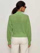 Green Open Knit Quarter Zip Sweater