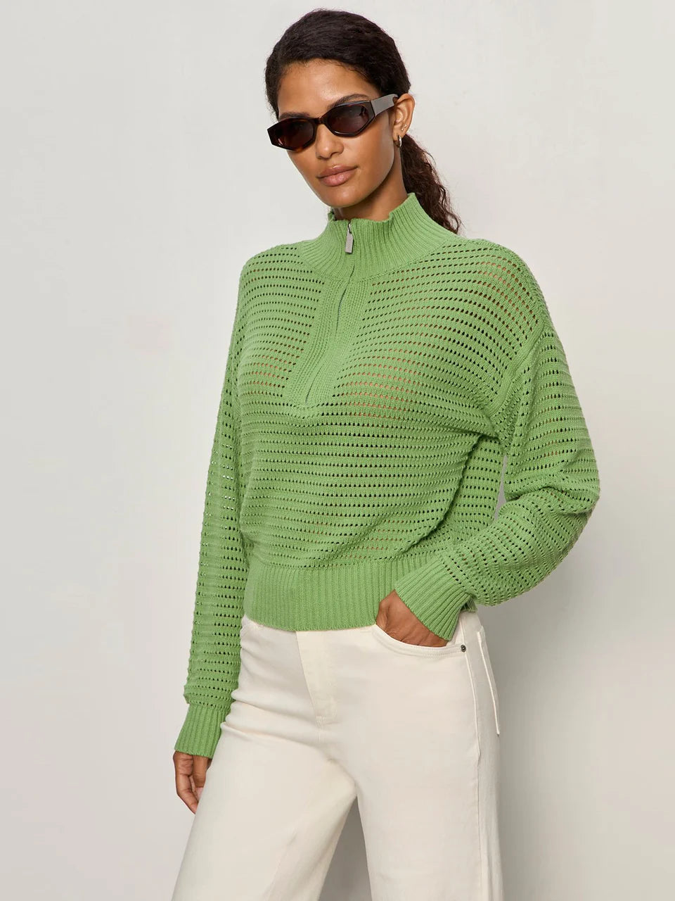 Green Open Knit Quarter Zip Sweater