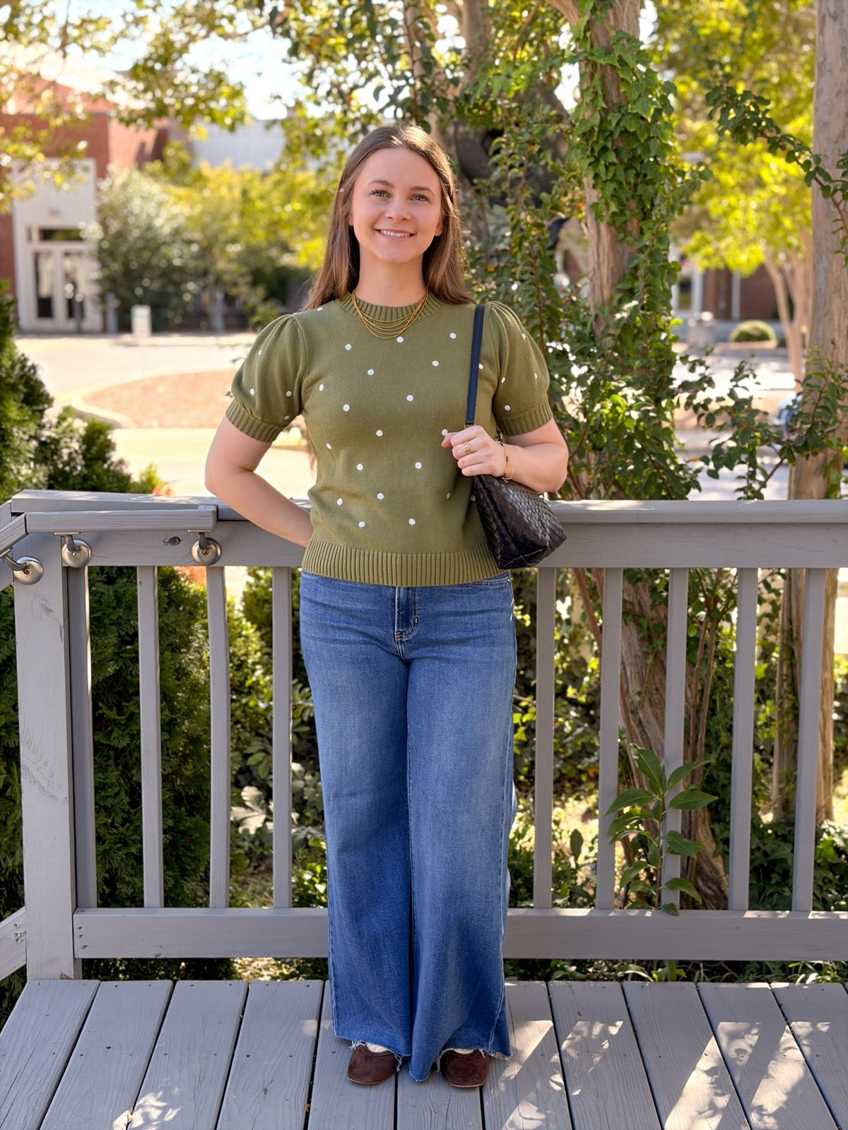 Rose & Lee Co Rochelle Top, Olive/Ivory Dot short sleeve
