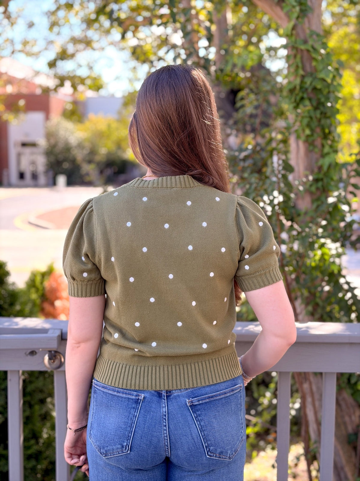Rose & Lee Co Rochelle Top, Olive/Ivory Dot short sleeve