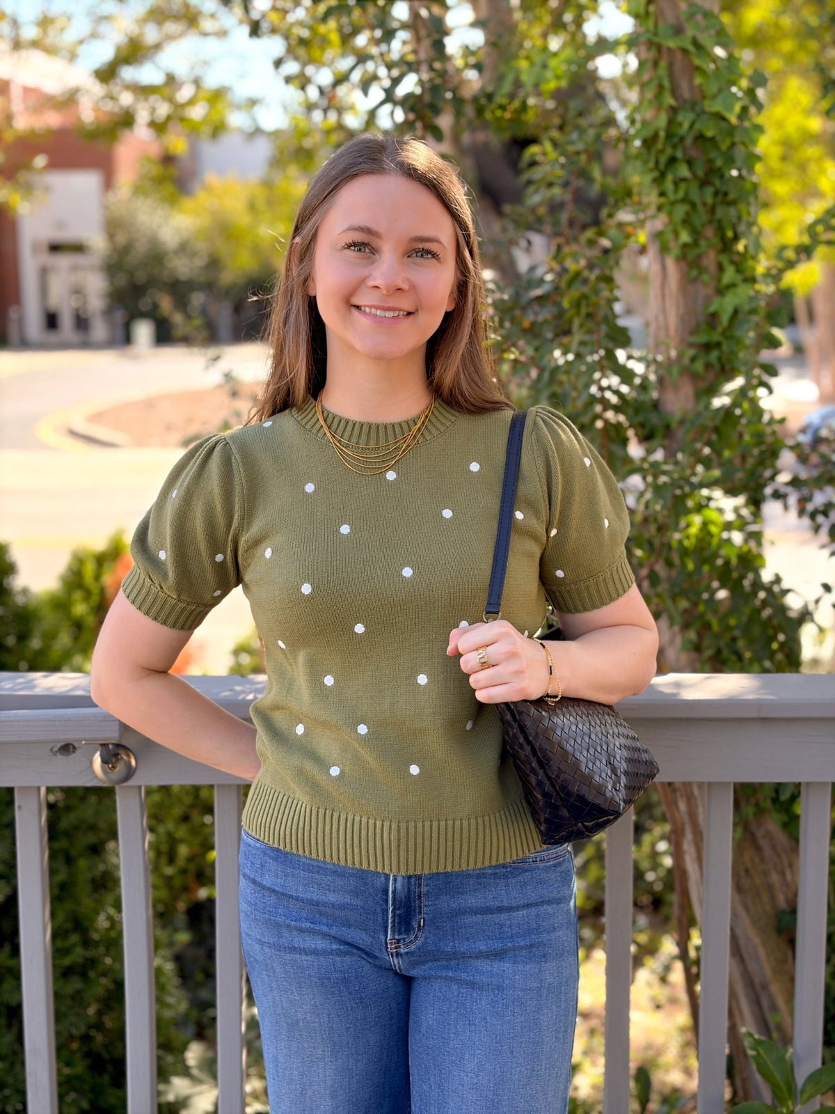 Rose & Lee Co Rochelle Top, Olive/Ivory Dot short sleeve