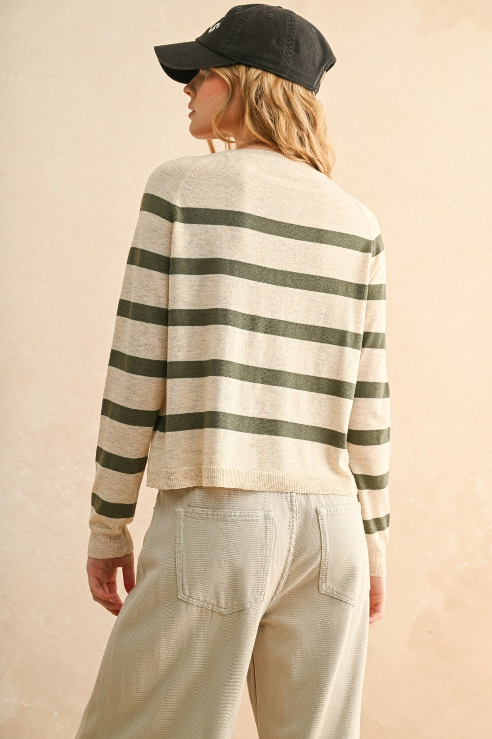 Oatmeal/Olive Striped Long Sleeve Lightweight Sweater